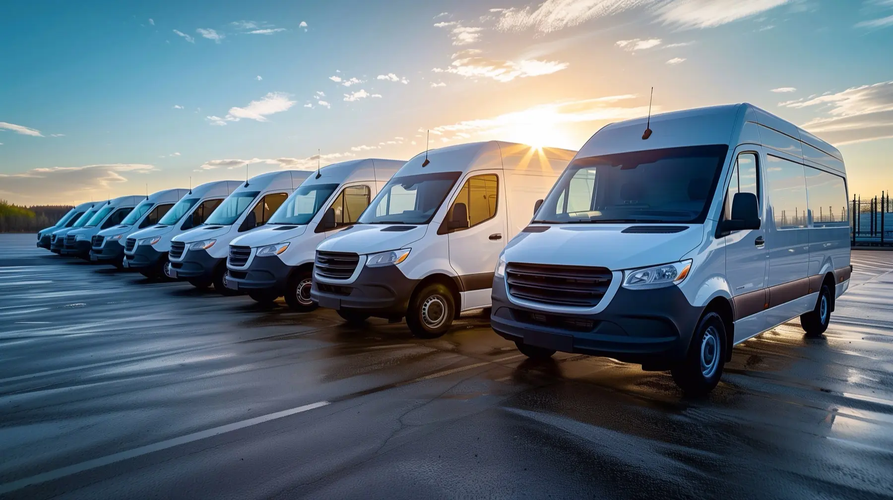 Fleet of commercial vehicles ready for washing